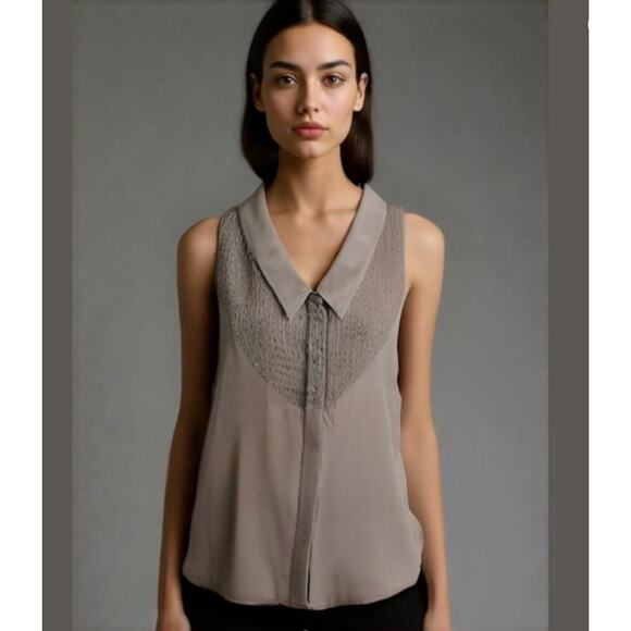 Rory Beca Tan Silk Beaded Bodice Sheer Sleeveless Collared Blouse Women Sz S - Picture 1 of 8